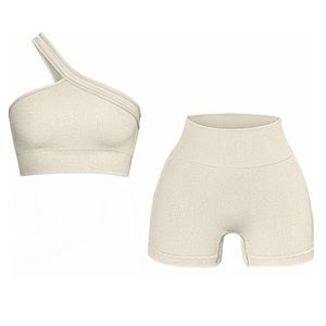 Seamless Ribbed Workout Set Sports Bra One Shoulder Top and Highwaist Sh…